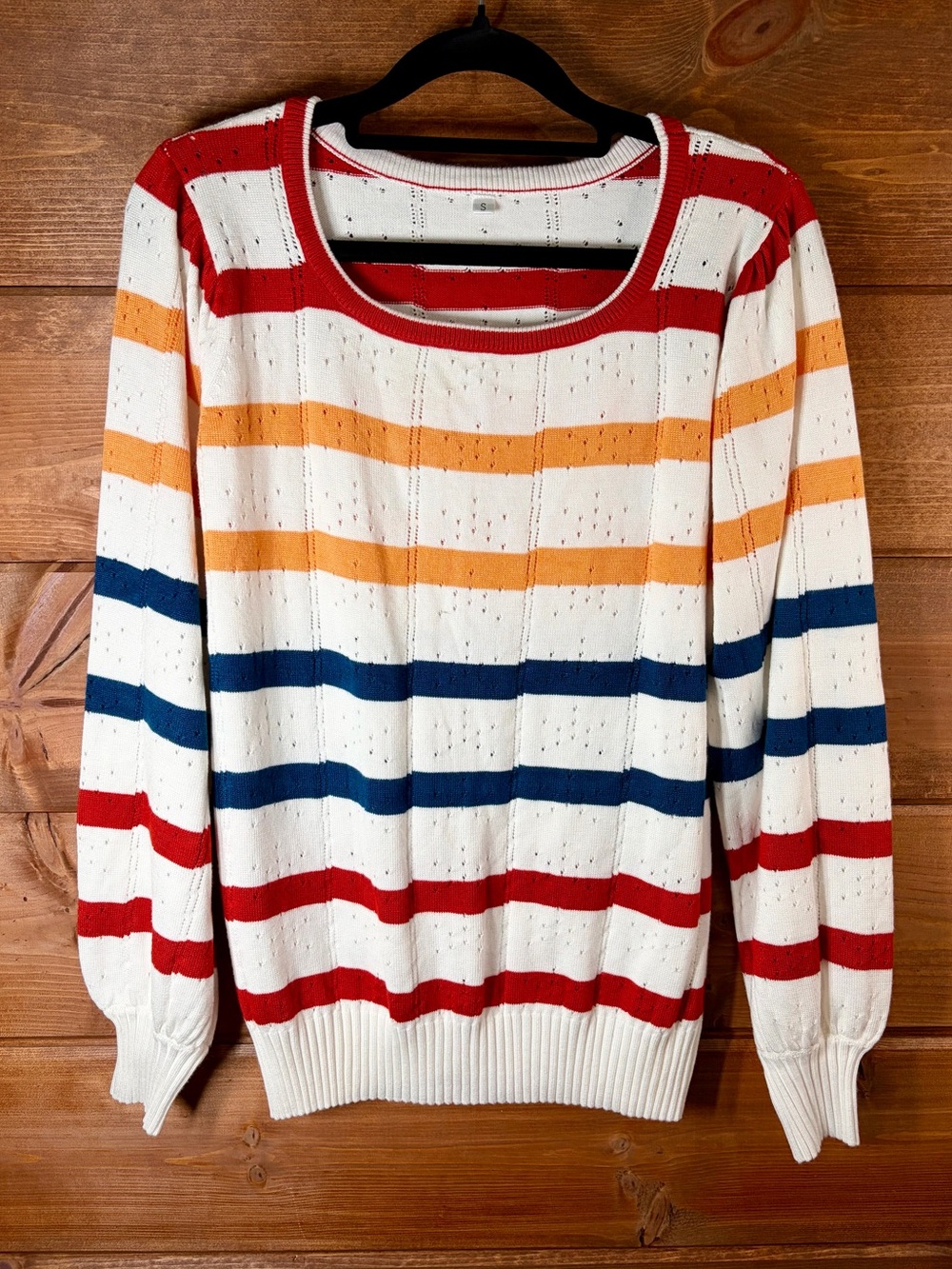 Striped Cream Knit Sweater with Red, Blue & Mustard Yellow Accents Size Small ❤️